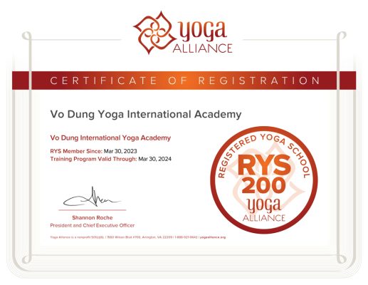Vo Dung International Yoga Academy Certificate